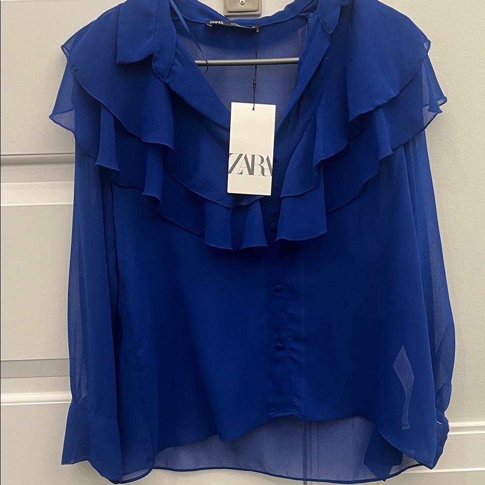 Zara Women's Vibrant Blue Ruffle Blouse